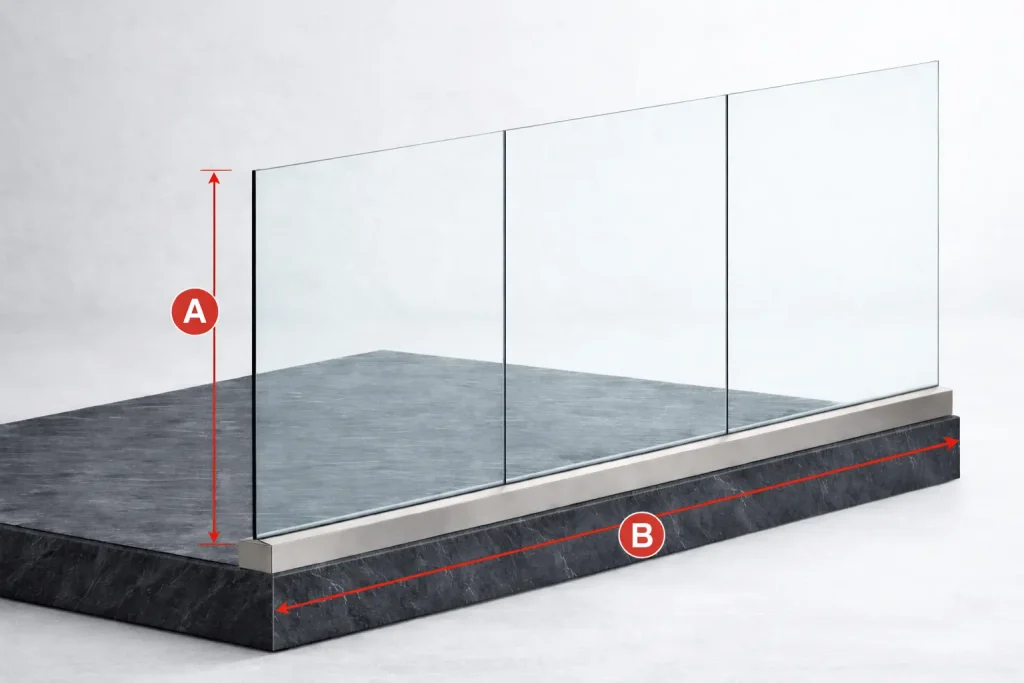 wymiary pod balustrady szklane model NX50
